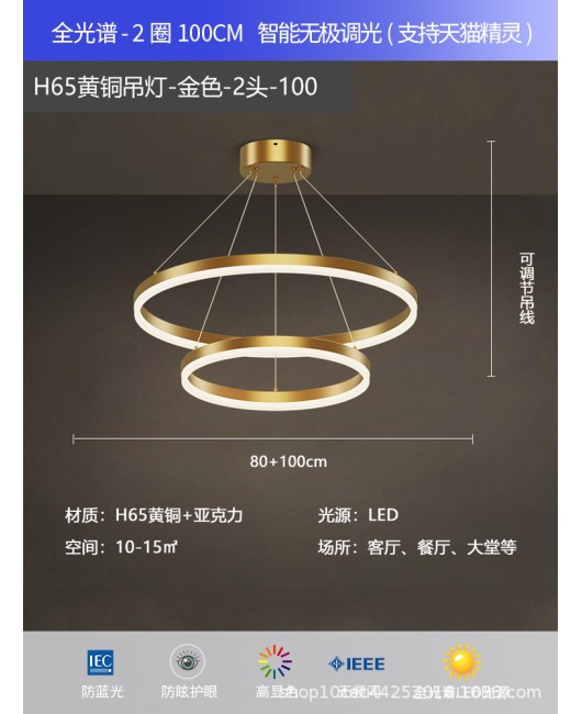 All copper Italian minimalist living room pendant light, modern minimalist and atmospheric eye protection bedroom dining room light, circular and creative lighting fixtures