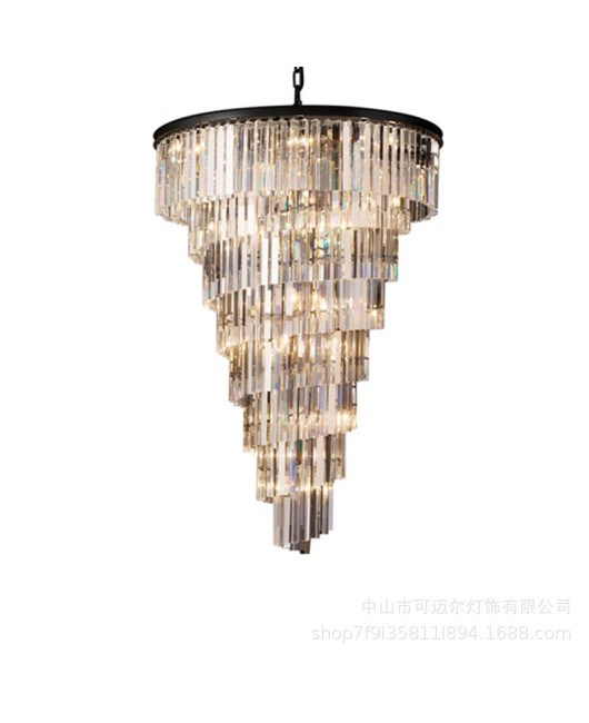 American style staircase crystal chandelier, light luxury villa spiral staircase, long chandelier in the stairwell, high-rise duplex building, jumping floor lighting fixture