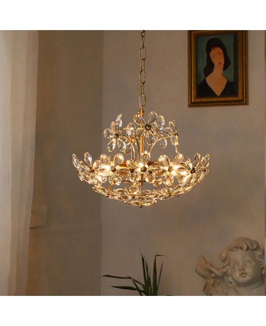 French pastoral dreamy crystal flower chandelier, American retro style bedroom, dining room, dressing room, light luxury modern lighting fixtures