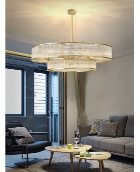 American retro RH crystal chandelier, creative simplicity, Nordic circular living room, dining room, villa, long double layered crystal lamp