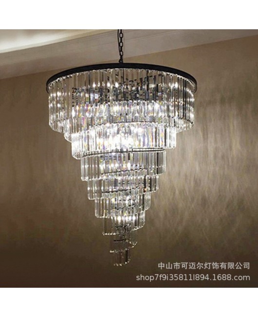 American style staircase crystal chandelier, light luxury villa spiral staircase, long chandelier in the stairwell, high-rise duplex building, jumping floor lighting fixture