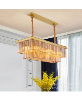 Light luxury postmodern restaurant pendant light rectangular dining table light living room long crystal light American gold strip light fixture