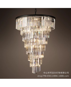 American style staircase crystal chandelier, light luxury villa spiral staircase, long chandelier in the stairwell, high-rise duplex building, jumping floor lighting fixture