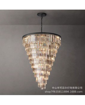 American style staircase crystal chandelier, light luxury villa spiral staircase, long chandelier in the stairwell, high-rise duplex building, jumping floor lighting fixture