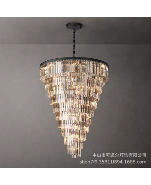 American style staircase crystal chandelier, light luxury villa spiral staircase, long chandelier in the stairwell, high-rise duplex building, jumping floor lighting fixture