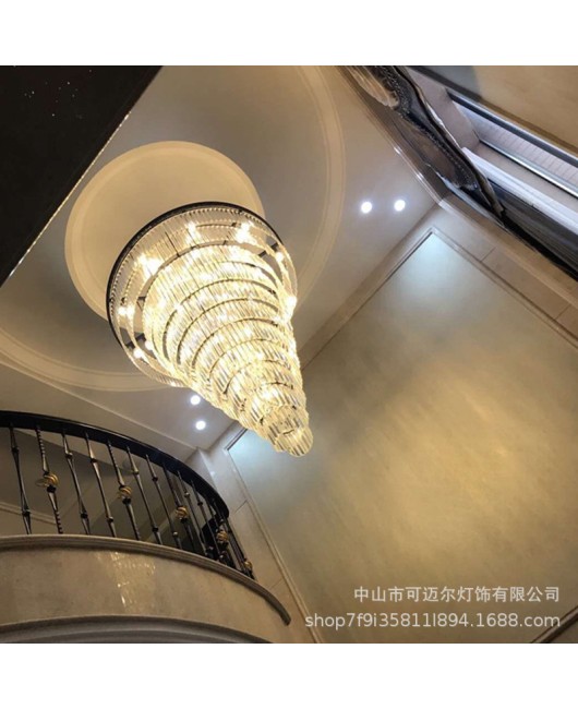 American style staircase crystal chandelier, light luxury villa spiral staircase, long chandelier in the stairwell, high-rise duplex building, jumping floor lighting fixture