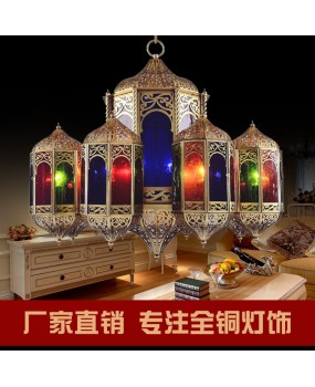 Arabic engineering full copper flower pendant light, colored glass, exotic atmosphere, coffee restaurant, hotel lobby lighting fixtures