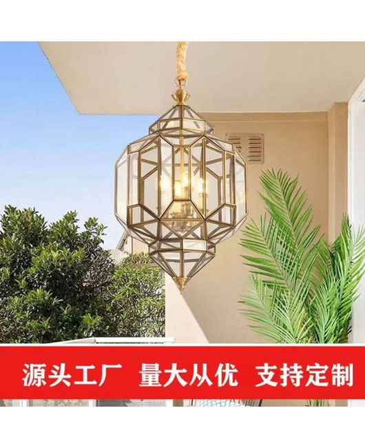 Cross border American style all copper minimalist entrance chandelier, balcony, outdoor waterproof pavilion, foyer, corridor, metal glass lamp