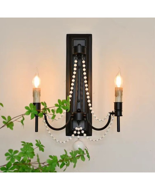 Creative American rural French iron wood bead wall lamp Bedroom bedside living room background wall Corridor clothing store lamps