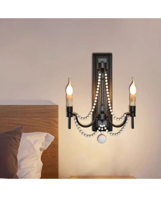 Creative American rural French iron wood bead wall lamp Bedroom bedside living room background wall Corridor clothing store lamps