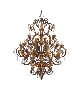 European style large retro wrought iron antique villa with empty living room, candle chandelier, hotel lobby decoration, crystal chandelier