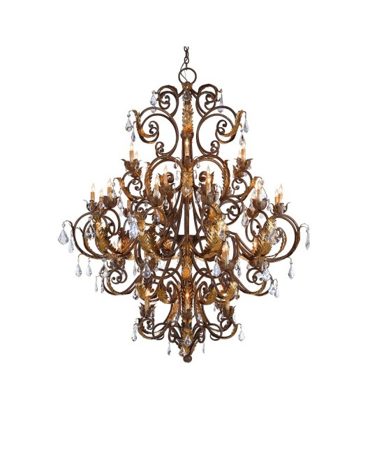 European style large retro wrought iron antique villa with empty living room, candle chandelier, hotel lobby decoration, crystal chandelier