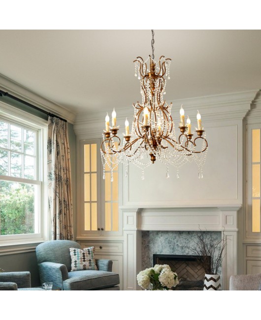 American style castle wrought iron antique grand crystal duplex villa living room dining room American retro light luxury candle pendant light