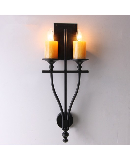 American style rural living room wall lamp, retro double headed marble candle, iron black creative bedroom bedside wall lamp