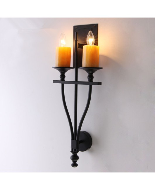 American style rural living room wall lamp, retro double headed marble candle, iron black creative bedroom bedside wall lamp