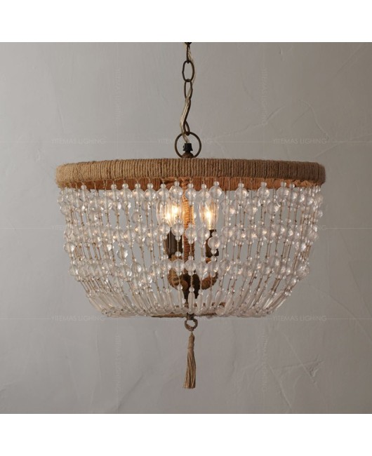 Export American style countryside pendant light, personalized and creative hemp rope bedroom lighting fixture, RH retro children's room decoration crystal pendant light