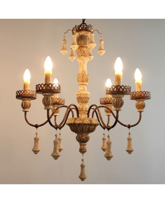 Creative American rural French solid wood carving retro old chandelier living room dining room bedroom villa creative lamps