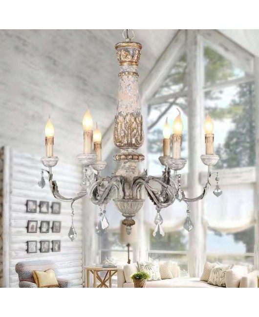 Creative American rural French retro solid wood carving simple chandelier living room dining room bedroom clothing store lamps