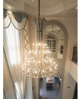 Villa living room large chandelier, American retro staircase light, loft duplex building with three levels of empty ceiling, light luxury crystal chandelier