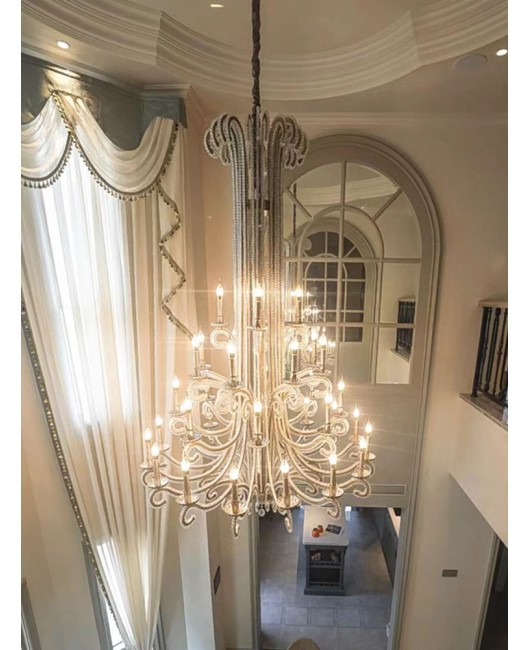 Villa living room large chandelier, American retro staircase light, loft duplex building with three levels of empty ceiling, light luxury crystal chandelier