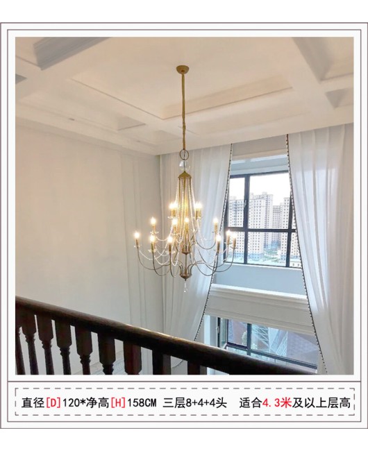 Decorate with Xiaochu American style duplex staircase chandelier, retro French minimalist villa, hollow living room, crystal chandelier