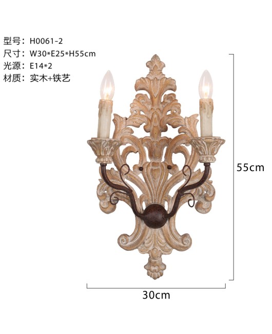 American style rural solid wood carving retro vintage wall lamp for living room, dining room, bedroom, corridor, club decoration wall lamp