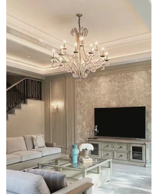 Villa living room large chandelier, American retro staircase light, loft duplex building with three levels of empty ceiling, light luxury crystal chandelier