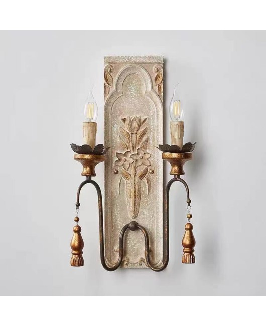 Creative American rural French solid wood carving antique wall lamp living room dining room bedroom corridor wall lamp