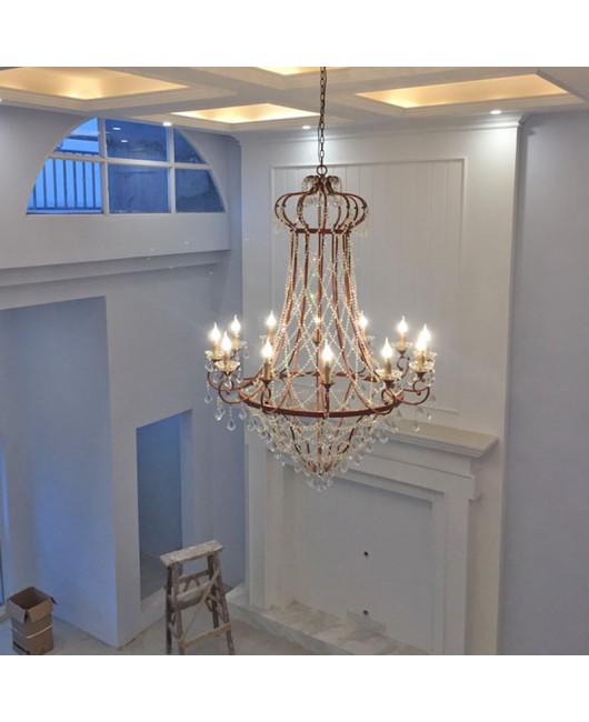 American retro living room, dining room, French hotel, villa, duplex staircase, shop, luxurious crown crystal chandelier