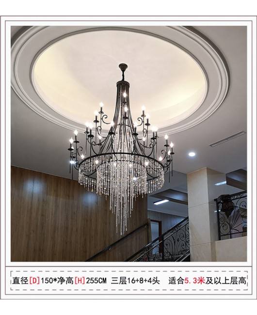 Creative American duplex building Crystal chandelier Retro French villa Living room Stair Three floor long chandelier Living room lamp