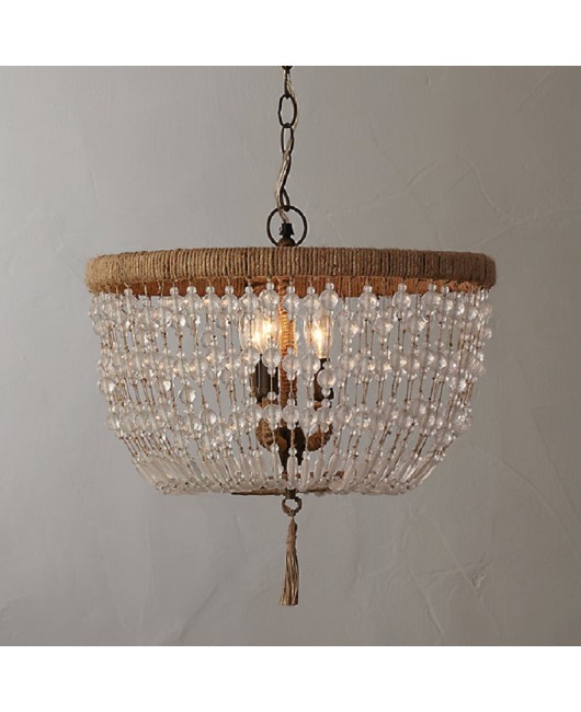 Bohemian retro pendant light, internet famous princess, children's bedroom restaurant, crystal pendant light, wooden pillar, hemp rope decorative pendant light