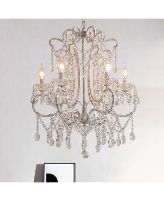 American countryside chandelier, living room dining room light, bedroom decoration, wrought iron retro white princess children's room crystal chandelier