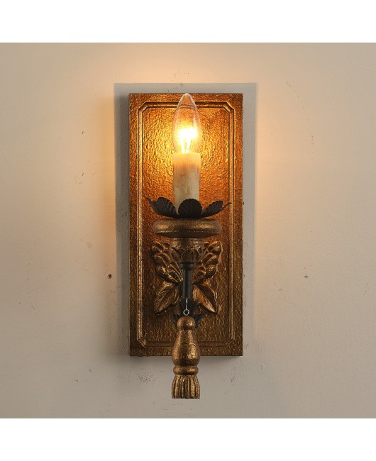 French retro gold solid wood carved wall lamp, homestay restaurant wall lamp designer, cozy bedroom bedside lamp