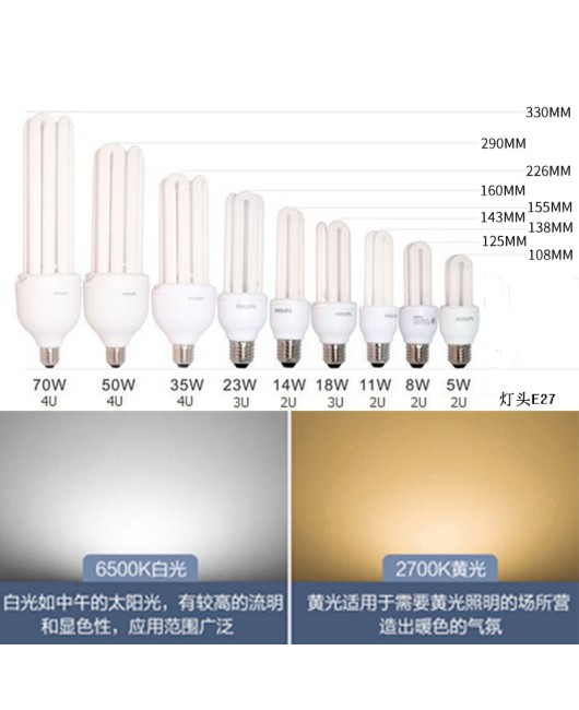 E27e14 lamp head U-shaped bulb wholesale fluorescent tube Philips energy-saving lamp tricolor spiral energy-saving lamp