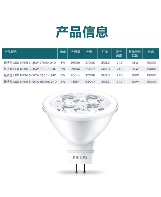 Philips MR16LED12V3W5W Lamp Cup Replace Halogen Low Voltage Spotlight for Hotel, Indoor Home, Villa