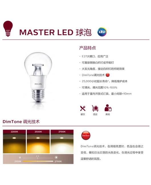 Philips master dimming bulb LED 8WE27 large screw household light bulb infinite dimming transparent frosted