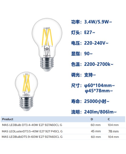 Philips Master 3.4W 5.9W High Display Dimmable LED Retro Filament Ball Bubble Light Bulb Tip