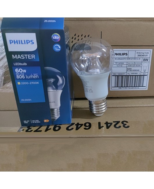 Philips master dimming bulb LED 8WE27 large screw household light bulb infinite dimming transparent frosted