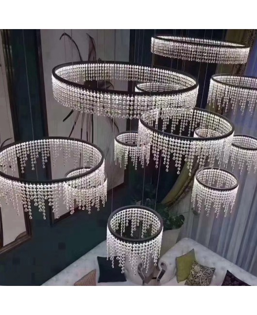 Modern luxury, grand, high ceiling, hollow lobby, revolving villa, staircase, stainless steel crystal chandelier