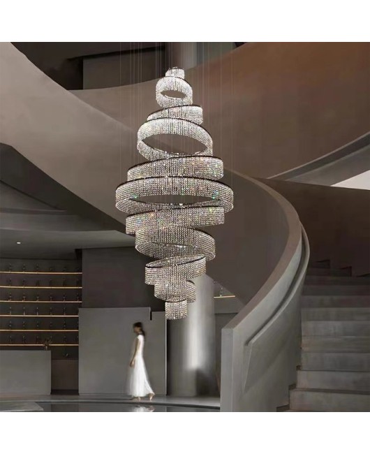 Villa staircase light, modern, luxurious, atmospheric, high ceiling, hollow lobby, revolving staircase, stainless steel crystal chandelier