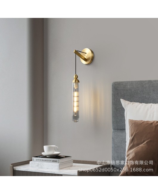 Nordic minimalist modern light luxury all copper bedroom headboard pendant light, personalized and creative living room sofa glass pendant light