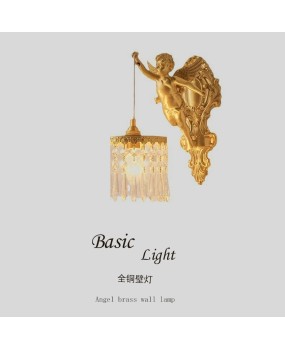 Nordic Light Luxury Middle French Vintage Brass Angel Crystal Wall Lamp Children's Room Boys and Girls Bedhead Wall Lamp Hanging