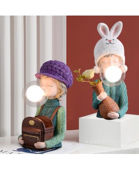 Cartoon internet celebrity Instagram, light luxury, blowing bubbles, cute girl, gift giving and decoration, warm and romantic bedside bedroom, LED desk lamp