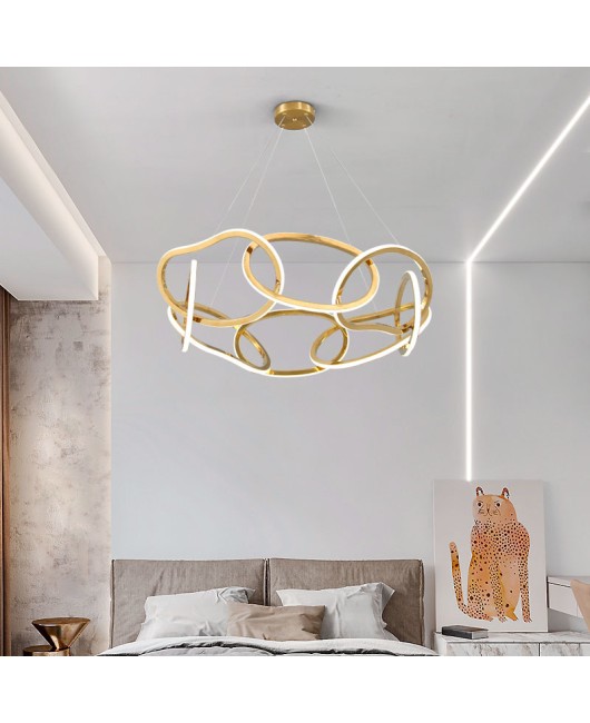 Light luxury living room chandelier, modern minimalist high-end designer, stainless steel edamame circular art lines, bedroom dining room