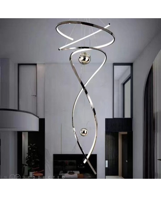 Staircase pendant light, long pendant light, artistic ribbon, living room, villa, hotel banquet hall, luxurious stainless steel duplex mermaid