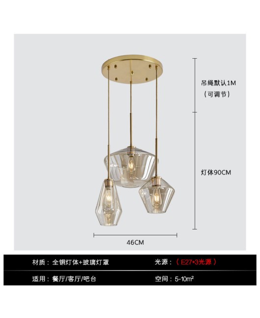 Full copper glass restaurant pendant light, luxurious, simple, single headed dining table light, personalized bar counter, coffee shop pendant light