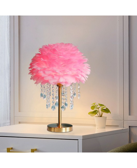 Customized crystal desk lamp, bedroom ins, girls' simple and modern creative Nordic feather lamp, warm and romantic feather lamp