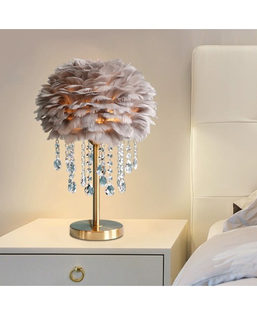 Crystal desk lamp, bedroom ins, girls' simple modern creative Nordic feather lamp, warm and romantic wedding bedside lamp