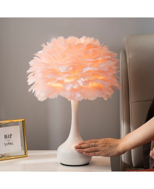 Feather desk lamp, bedroom bedside lamp, Nordic ins girl's internet red light, bedside table decoration, warm and romantic DIY