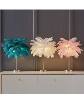 Feather desk lamp ins, romantic and warm bedroom lamp for girls, wedding room, internet red light, coconut tree, ostrich feather floor lamp